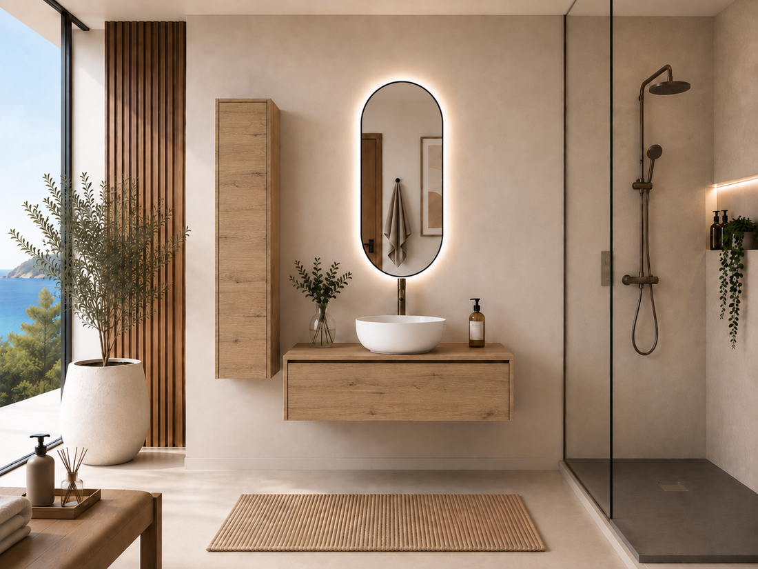 Mobilier de baie cu lavoar pe blat, în culoarea stepă, FORMENTERA
