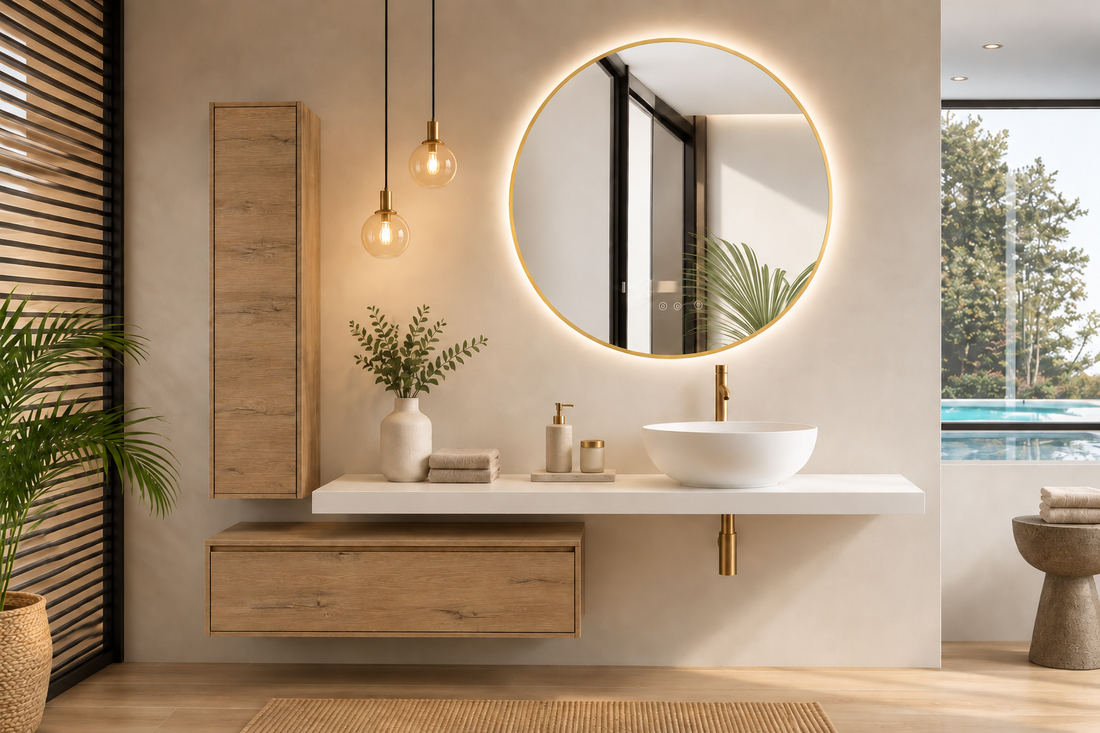 Mobilier de baie în culoarea stepă, compus din blat de 120 cm + modul de 60 cm + coloană de 120x35 + lavoar tip bol MALLORCA