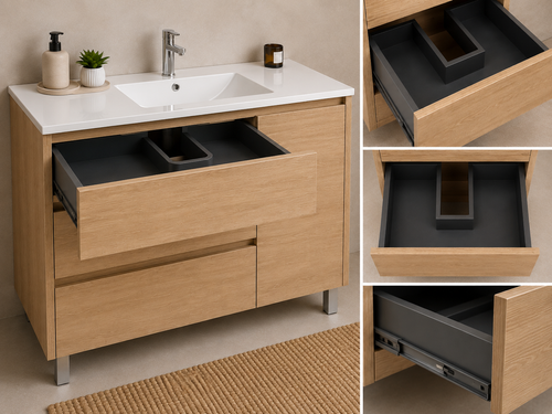 Set mobilier de baie VOLUM cu lavoar + oglindă LED + coloană de 140 cm + baterie monocomandă – Stepă – 80/100/120 cm