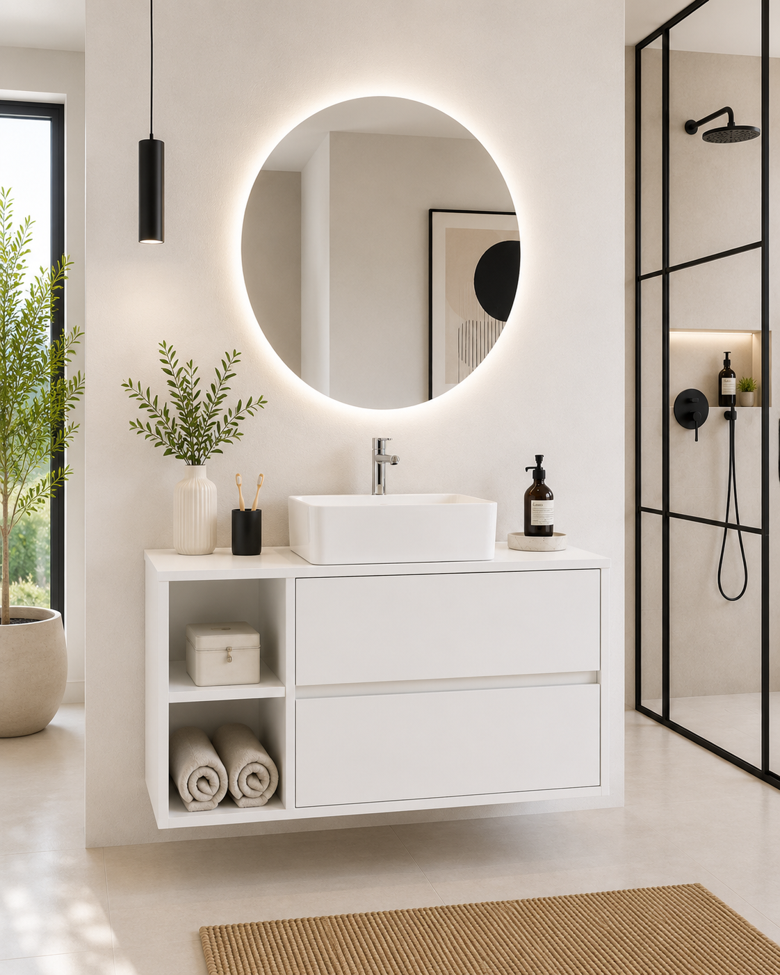 Mobilier de baie ZEUS cu blat din lemn și lavoar de blat