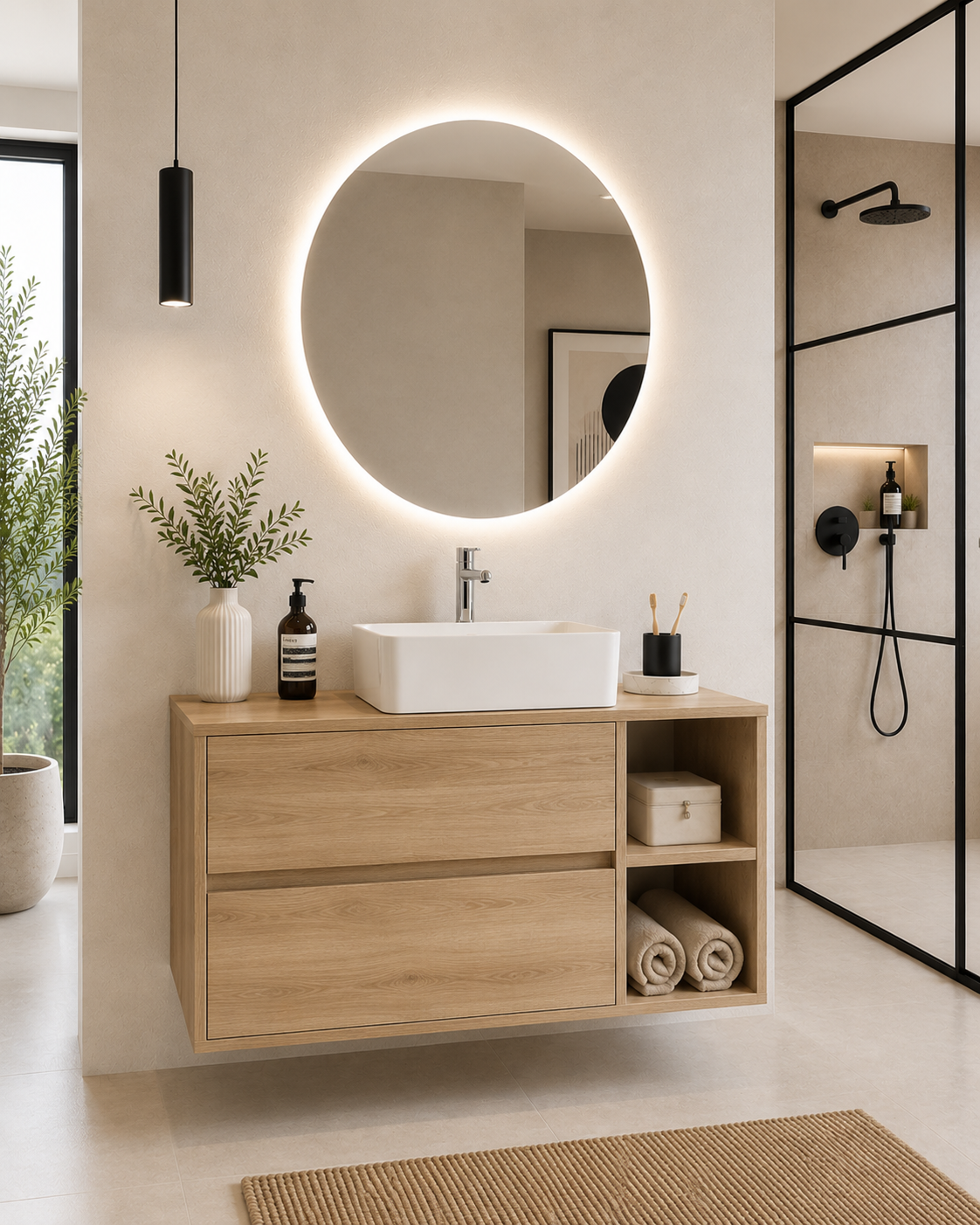 Mobilier de baie ZEUS cu blat din lemn și lavoar de blat