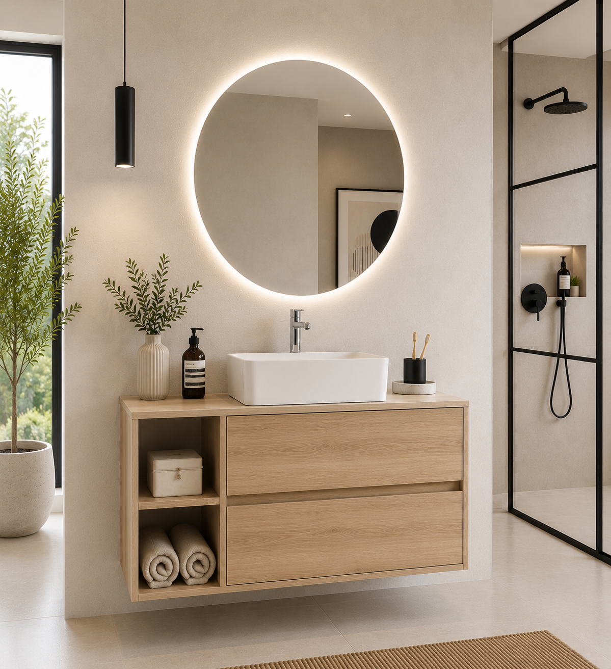Mobilier de baie ZEUS cu blat din lemn și lavoar de blat