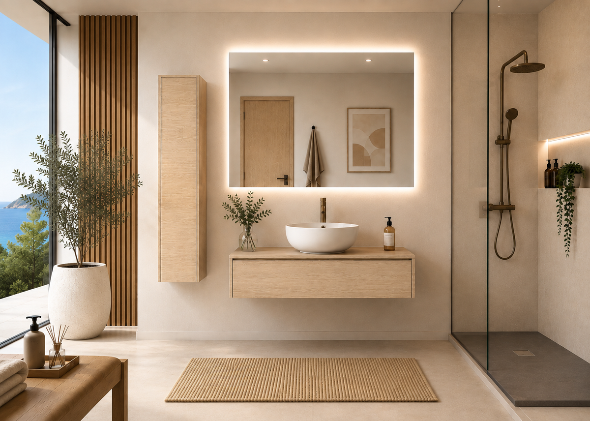 Mobilier de baie cu lavoar pe blat, în culoarea stepă, FORMENTERA