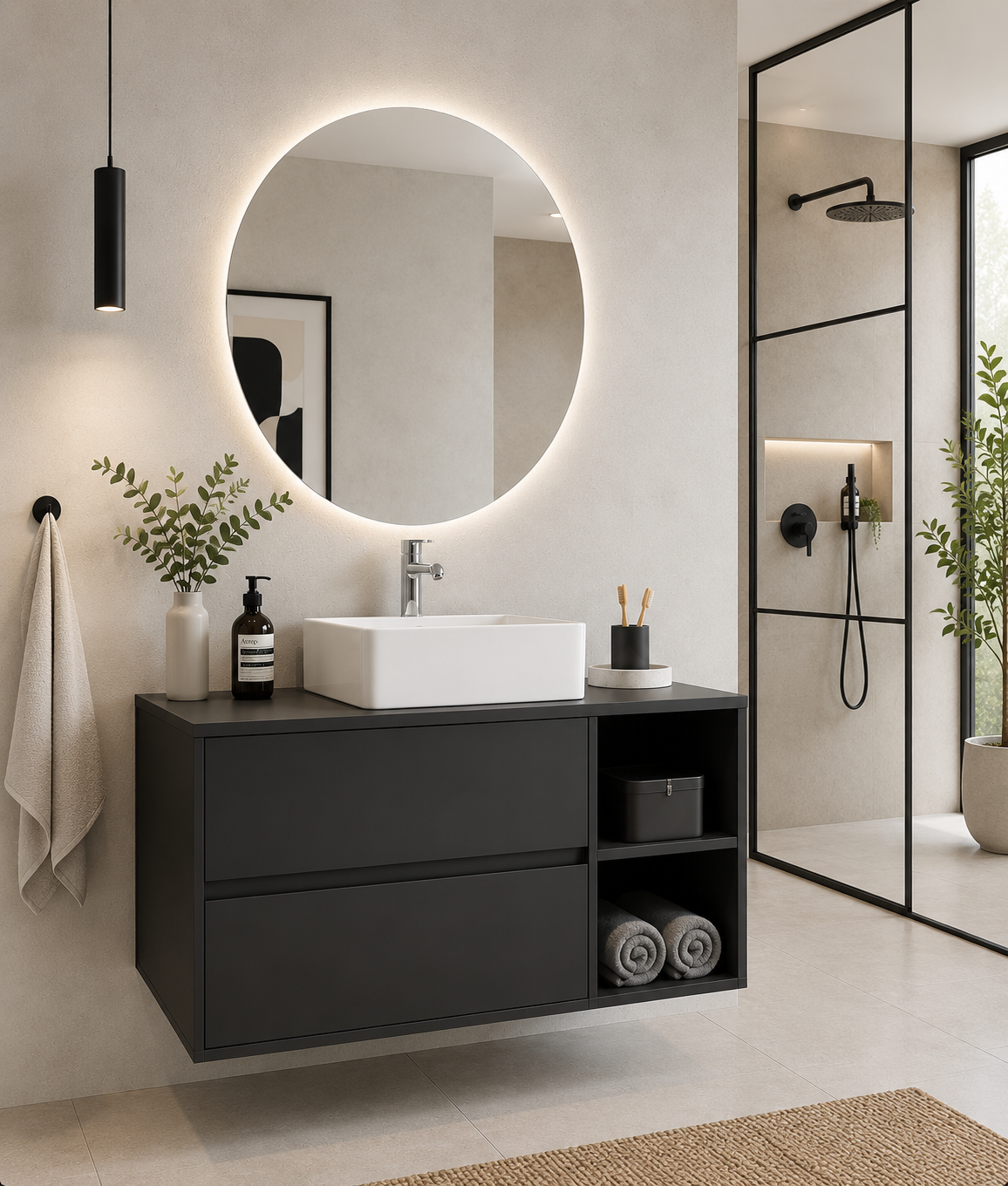 Mobilier de baie ZEUS cu blat din lemn și lavoar de blat