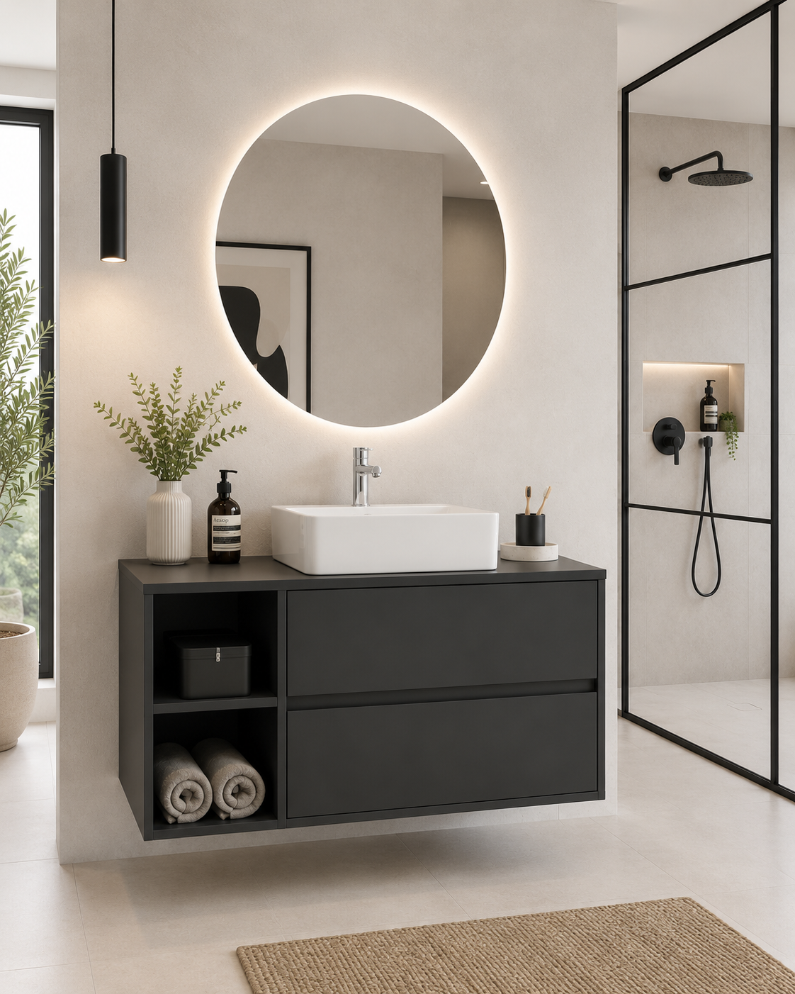 Mobilier de baie ZEUS cu blat din lemn și lavoar de blat