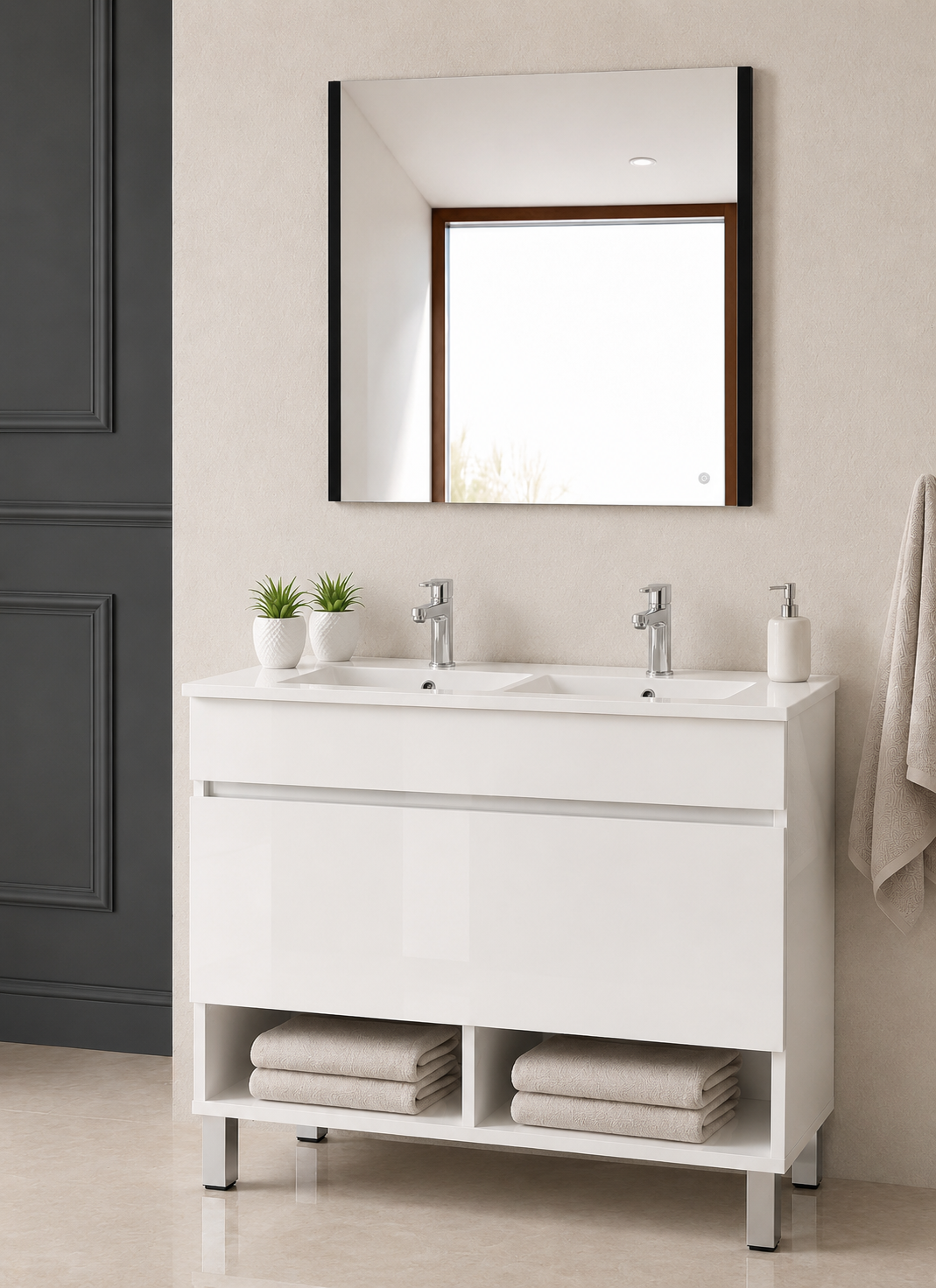 Mobilier de baie cu picioare NEBARI, cu sertar și lavoar subțire