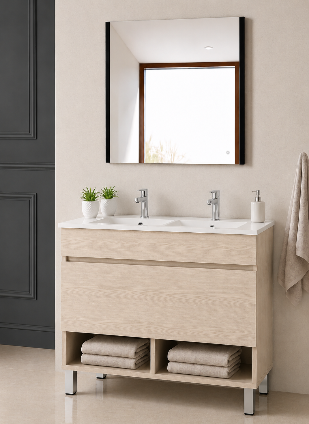 Mobilier de baie cu picioare NEBARI, cu sertar și lavoar subțire