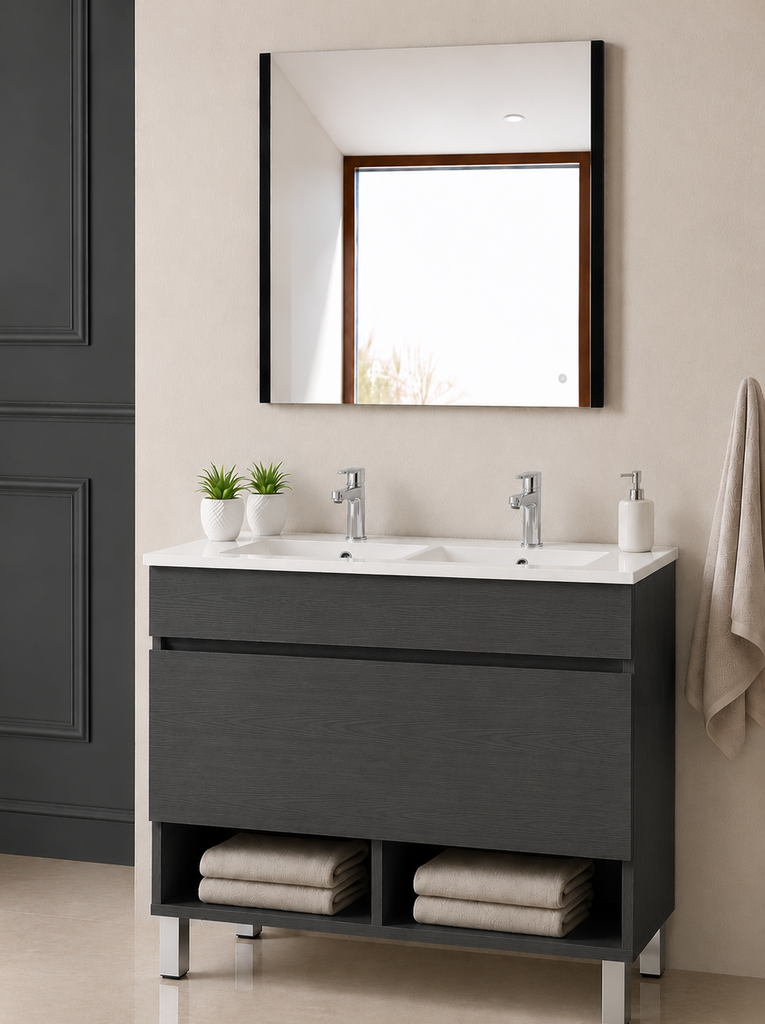 Mobilier de baie cu picioare NEBARI, cu sertar și lavoar subțire
