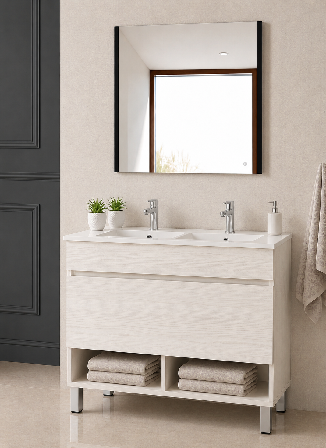 Mobilier de baie cu picioare NEBARI, cu sertar și lavoar subțire