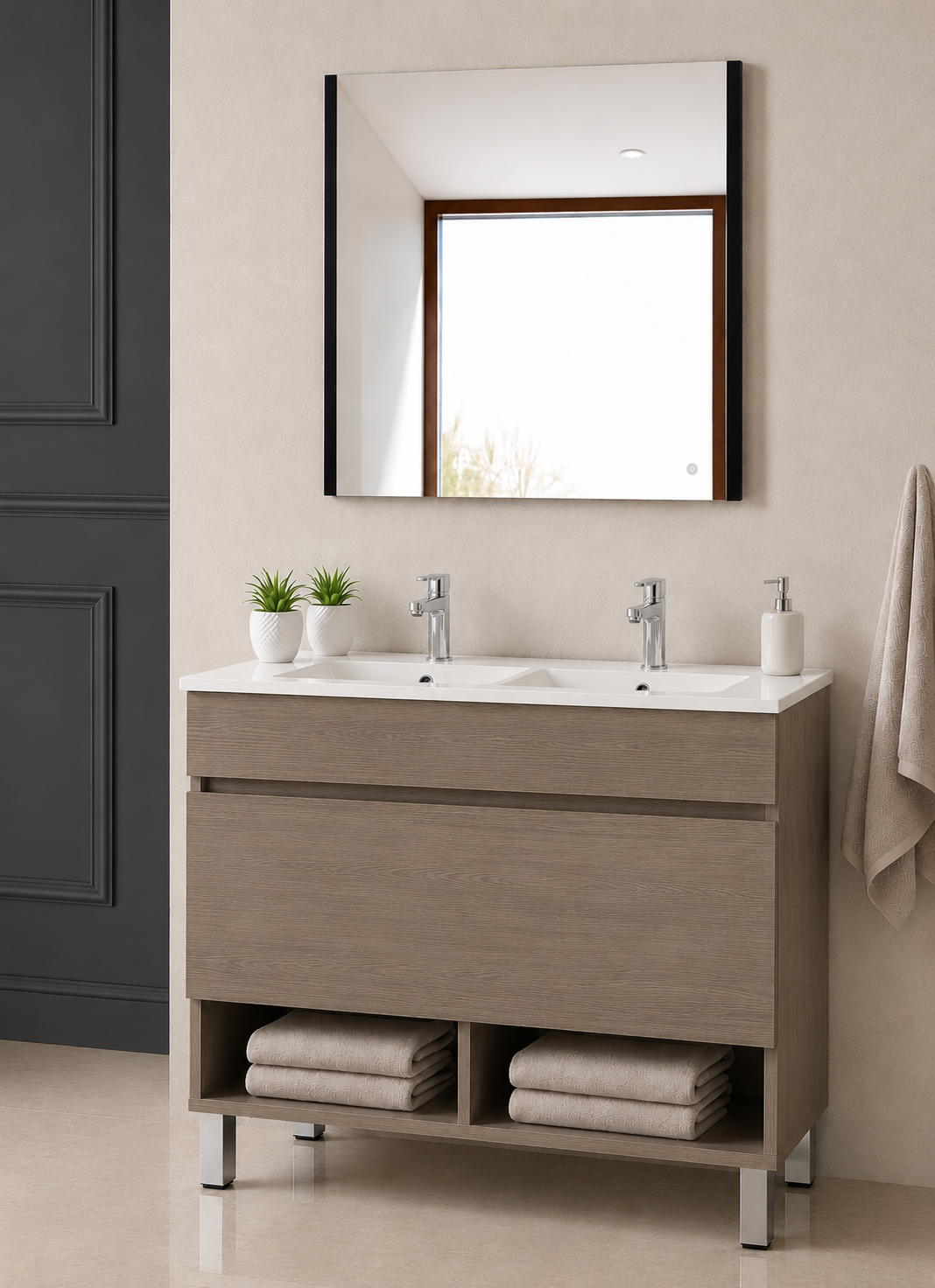 Mobilier de baie cu picioare NEBARI, cu sertar și lavoar subțire