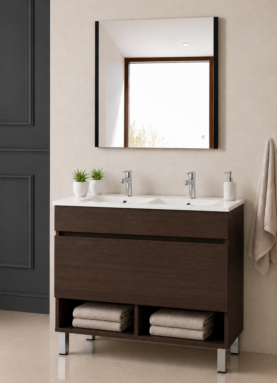 Mobilier de baie cu picioare NEBARI, cu sertar și lavoar subțire