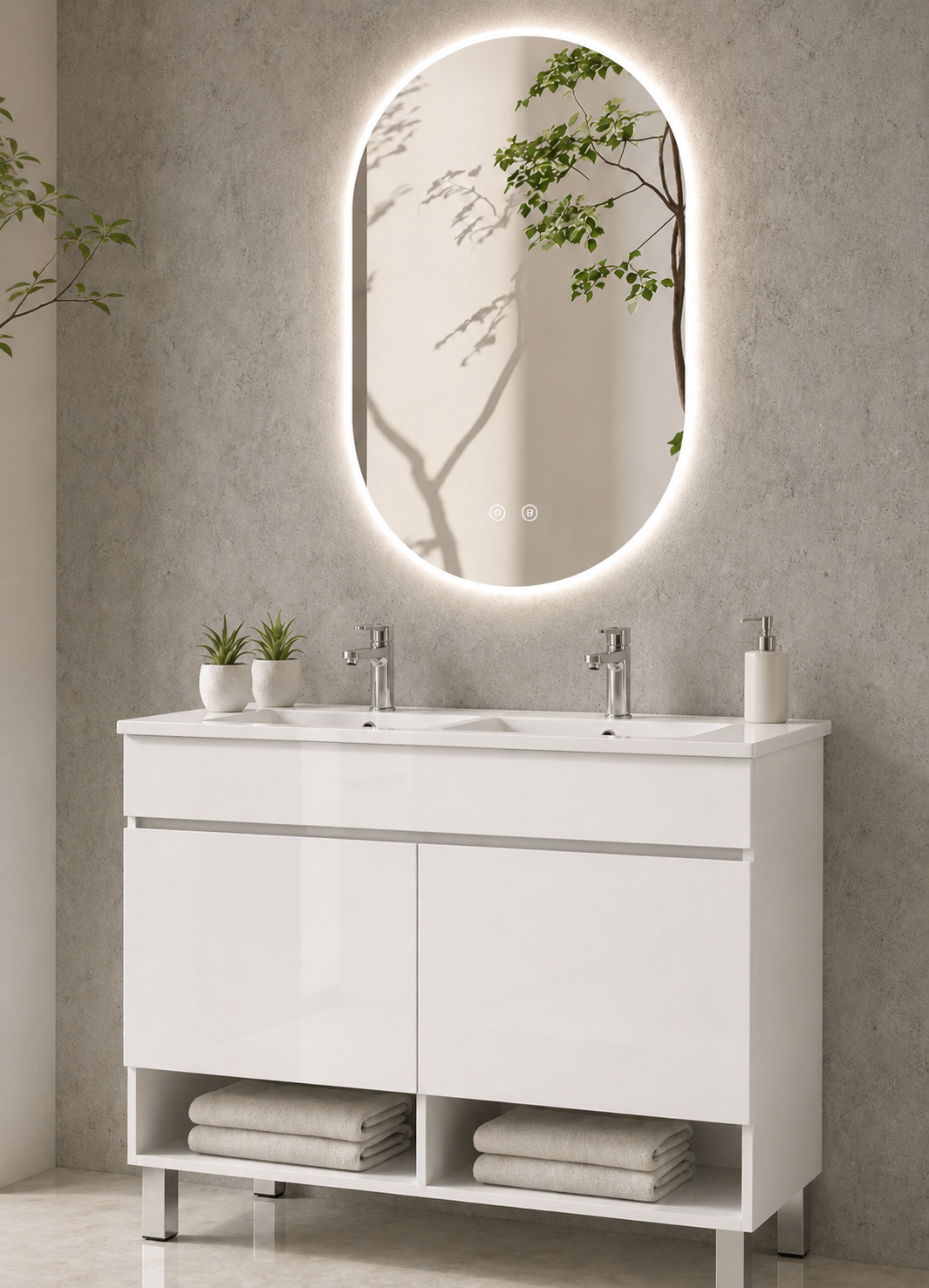 Mobilier de baie cu picioare NEBARI, cu uși și lavoar subțire