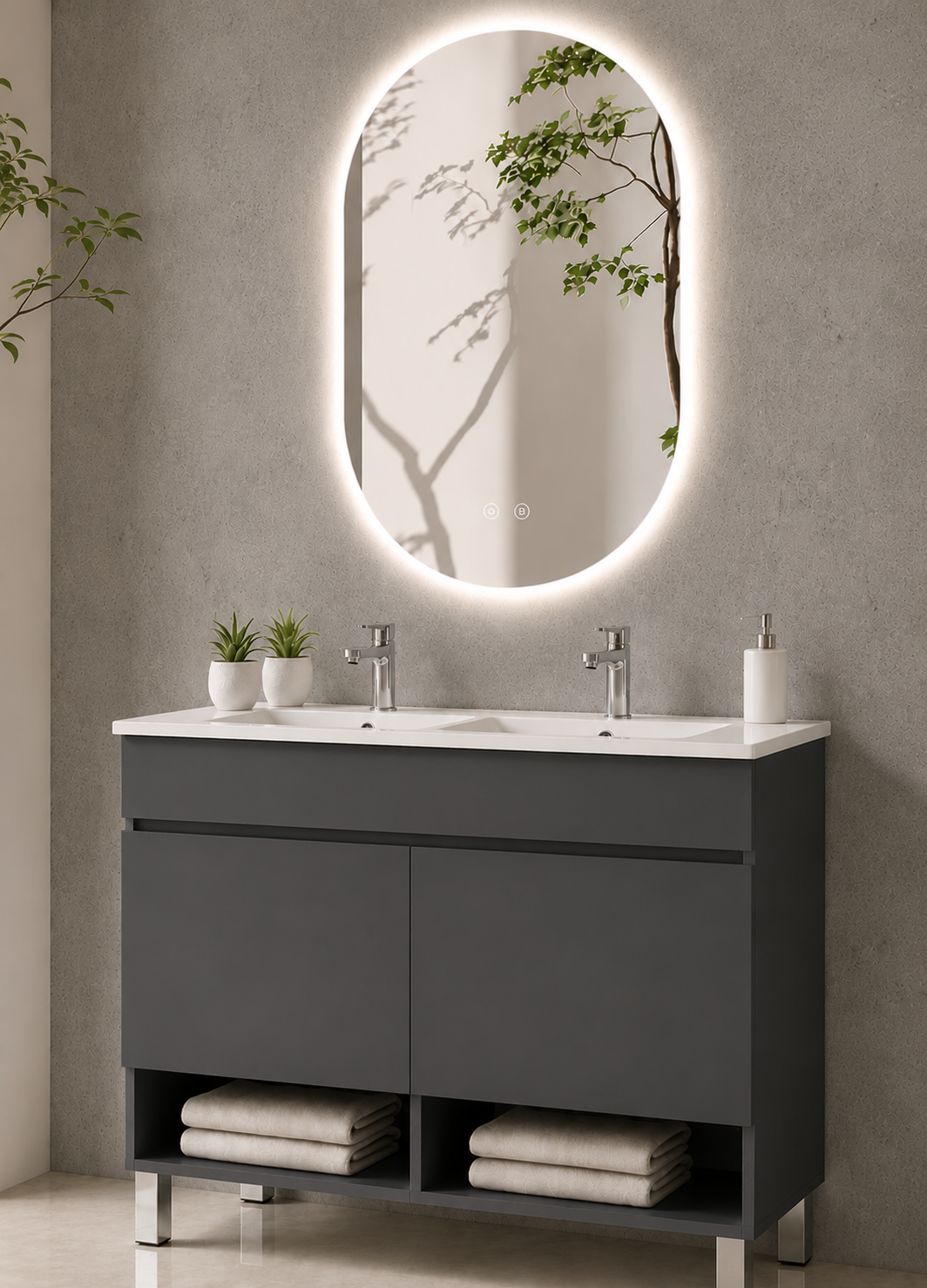 Mobilier de baie cu picioare NEBARI, cu uși și lavoar subțire