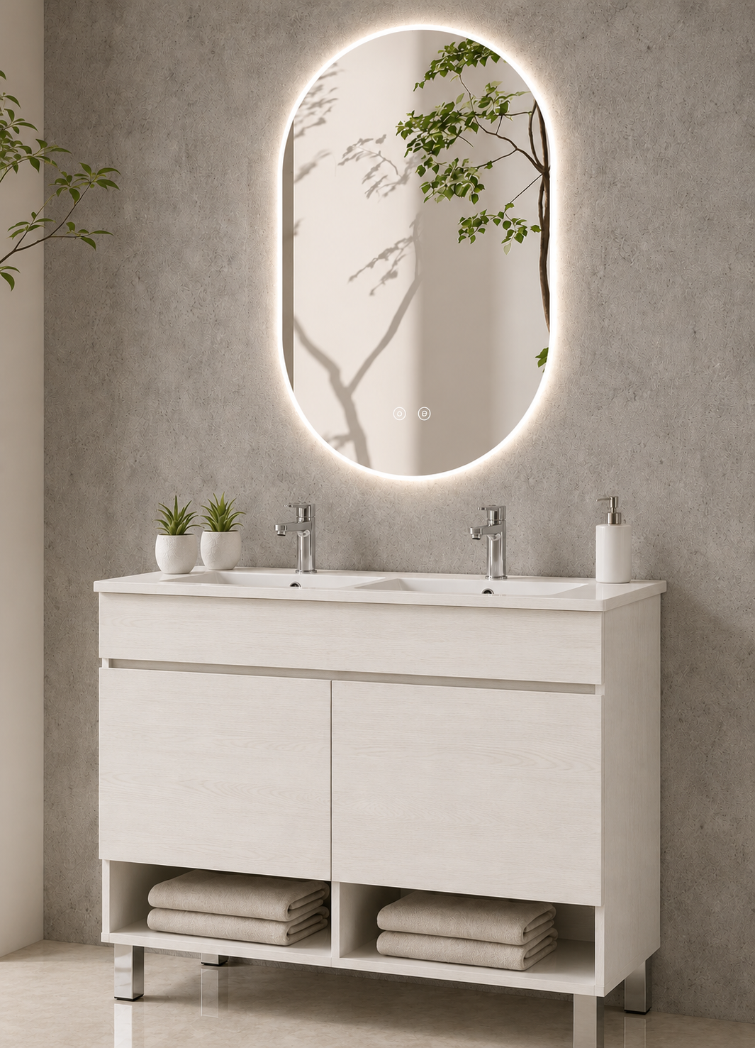 Mobilier de baie cu picioare NEBARI, cu uși și lavoar subțire
