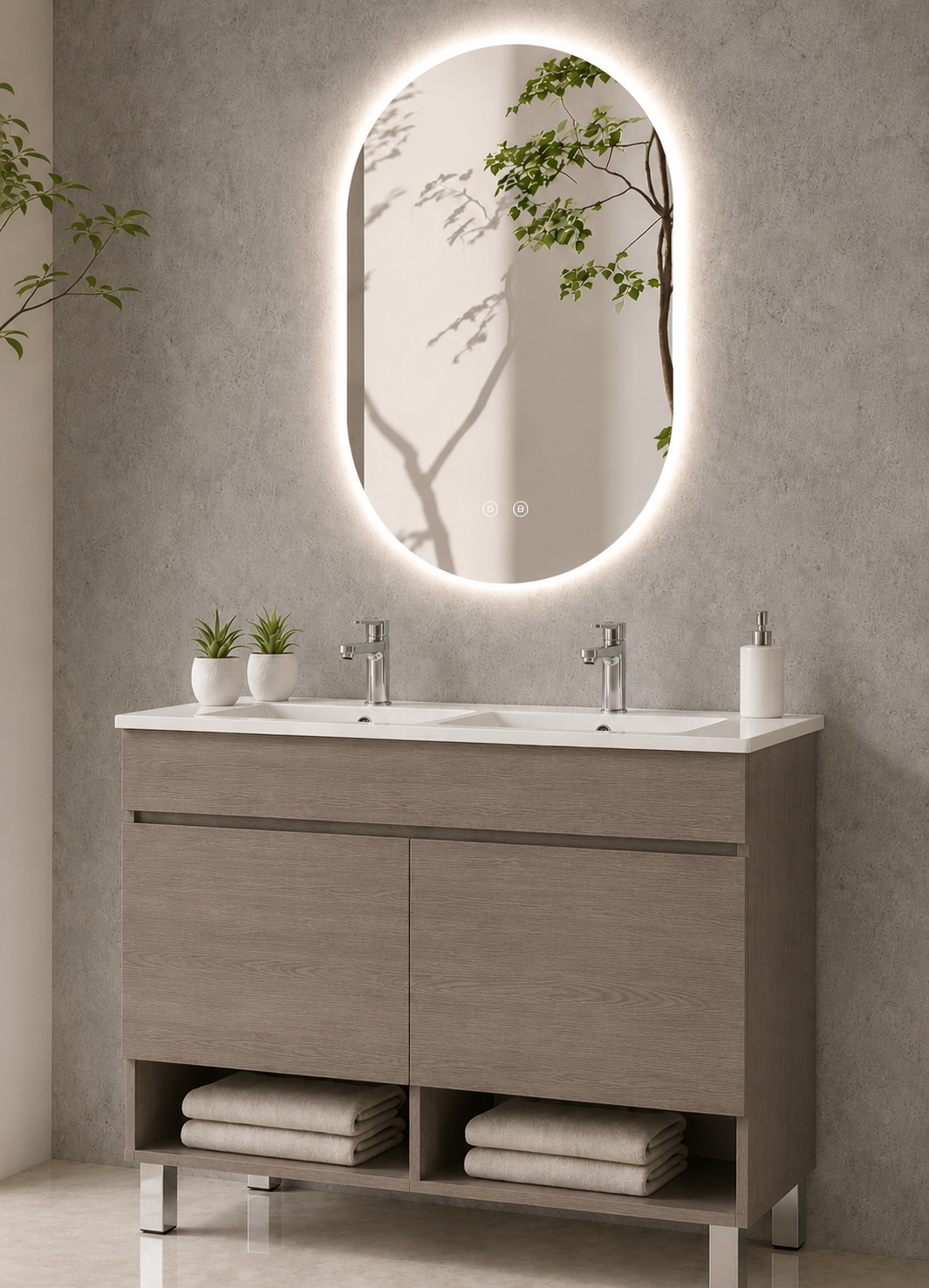 Mobilier de baie cu picioare NEBARI, cu uși și lavoar subțire