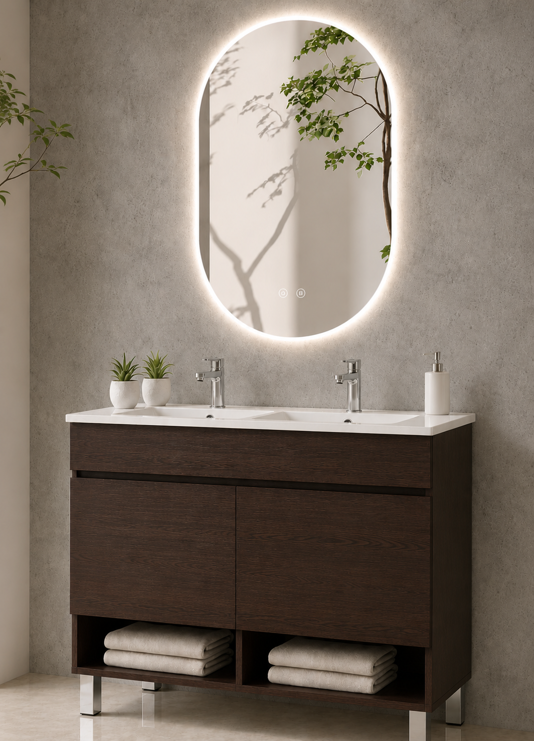 Mobilier de baie cu picioare NEBARI, cu uși și lavoar subțire
