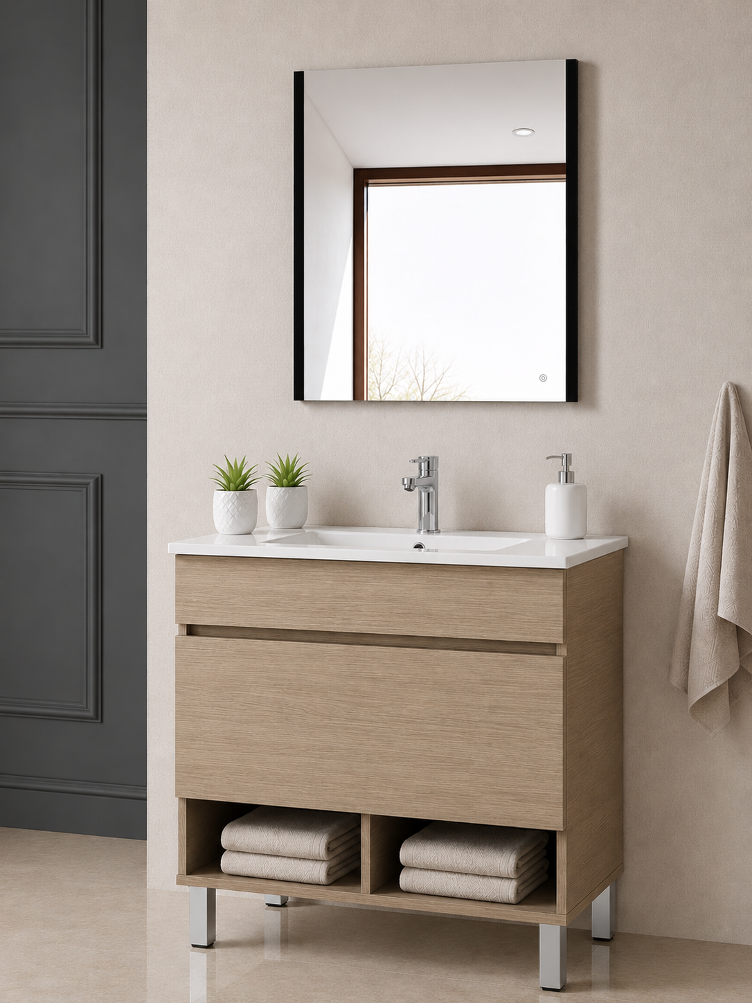 Mobilier de baie cu picioare NEBARI, cu sertar și lavoar subțire