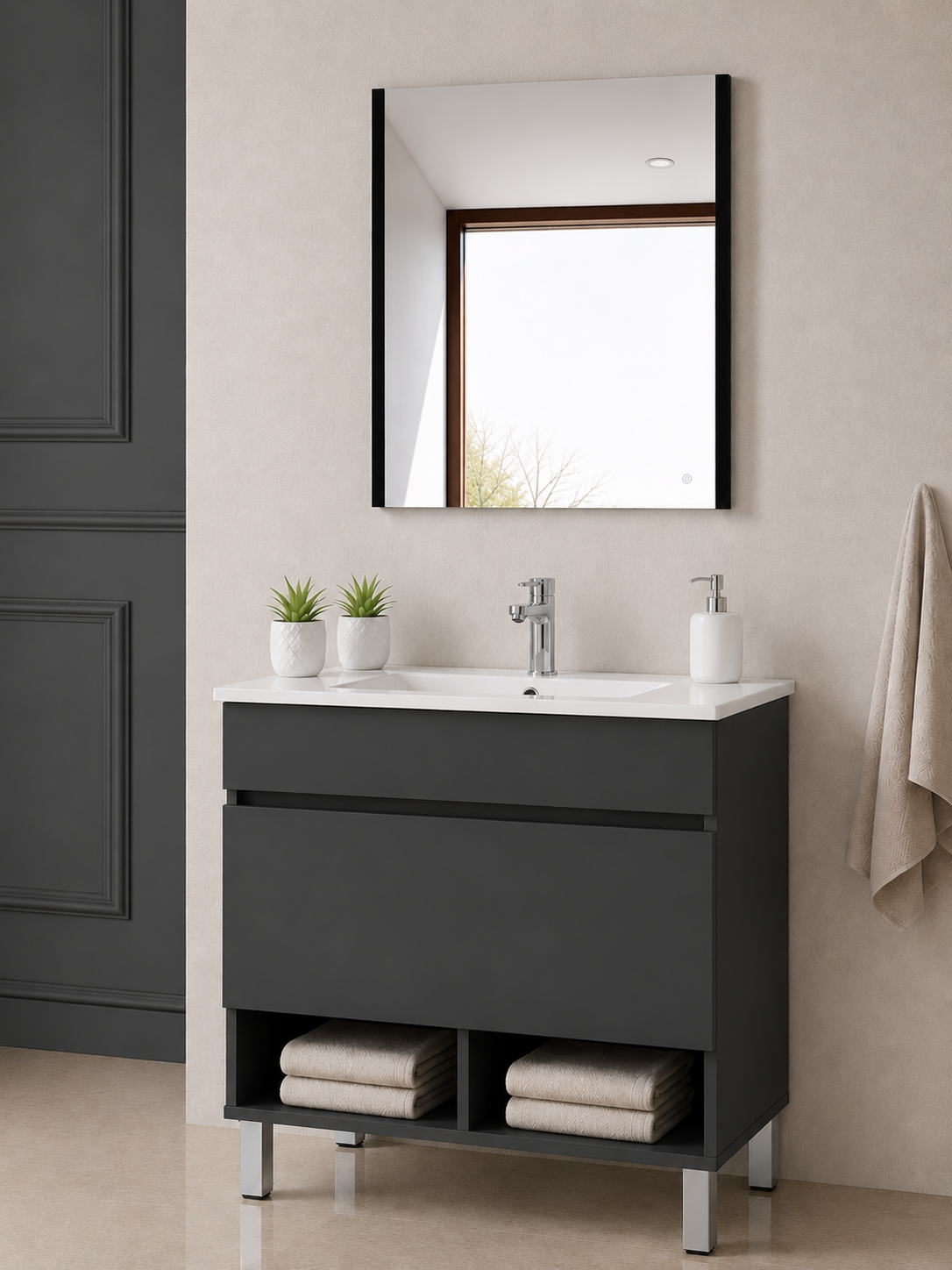 Mobilier de baie cu picioare NEBARI, cu sertar și lavoar subțire