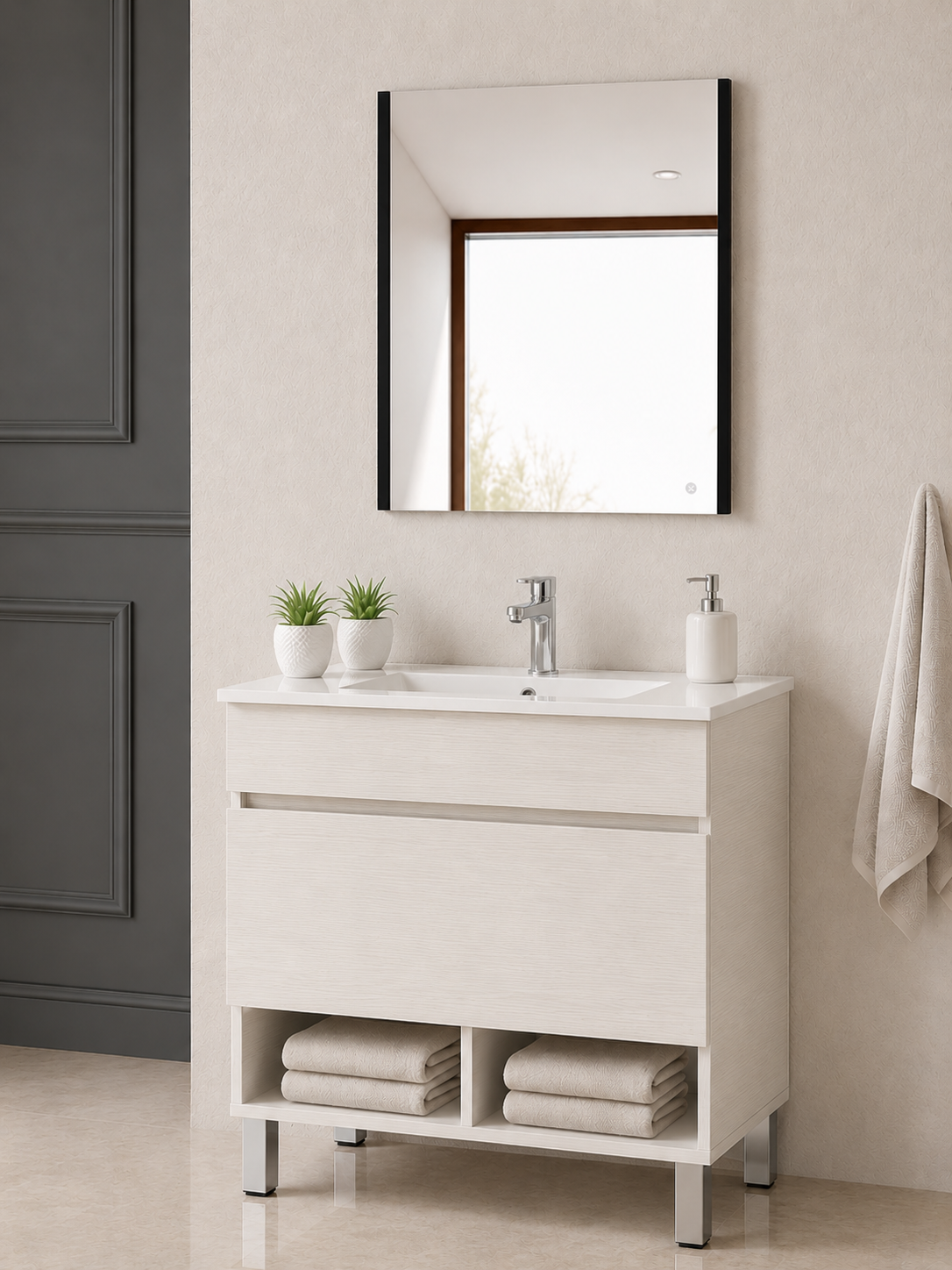 Mobilier de baie cu picioare NEBARI, cu sertar și lavoar subțire