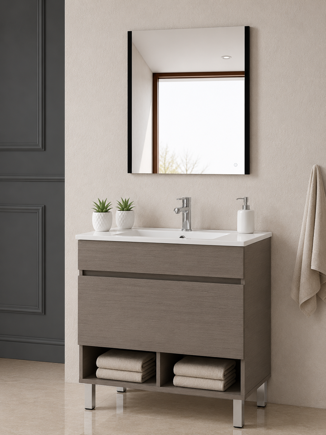 Mobilier de baie cu picioare NEBARI, cu sertar și lavoar subțire