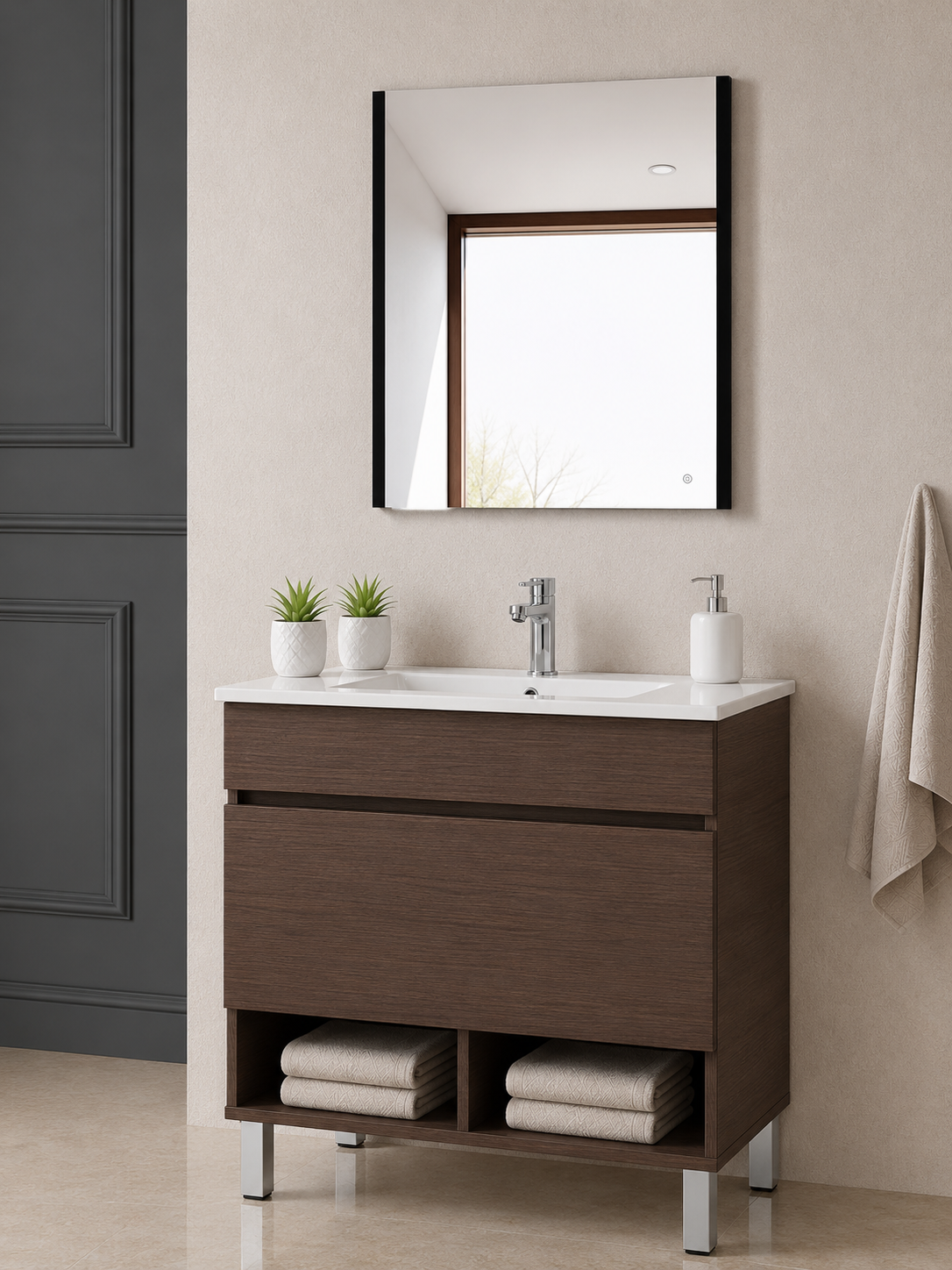 Mobilier de baie cu picioare NEBARI, cu sertar și lavoar subțire