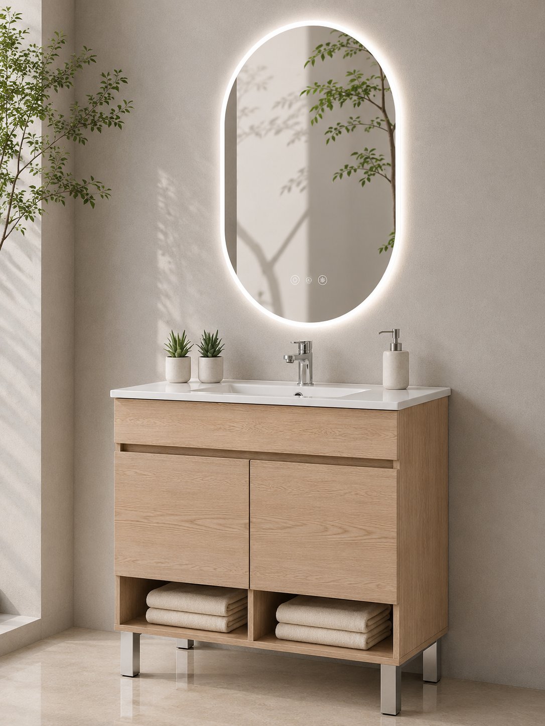 Mobilier de baie cu picioare NEBARI, cu uși și lavoar subțire