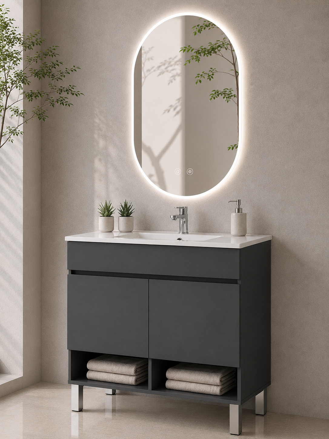Mobilier de baie cu picioare NEBARI, cu uși și lavoar subțire