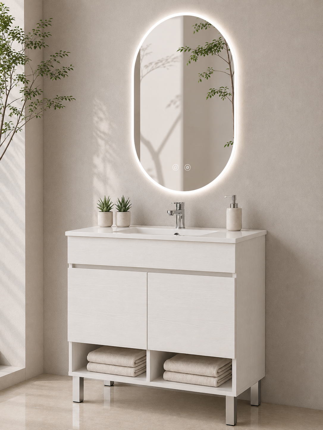Mobilier de baie cu picioare NEBARI, cu uși și lavoar subțire