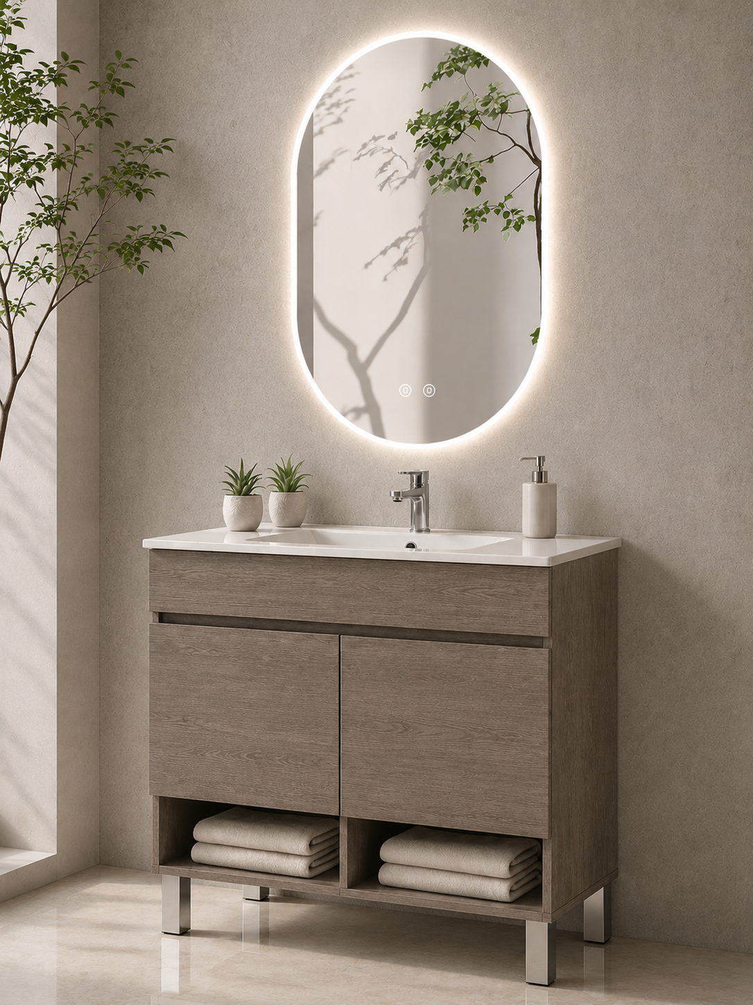 Mobilier de baie cu picioare NEBARI, cu uși și lavoar subțire