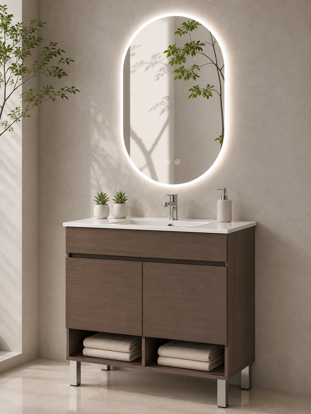 Mobilier de baie cu picioare NEBARI, cu uși și lavoar subțire