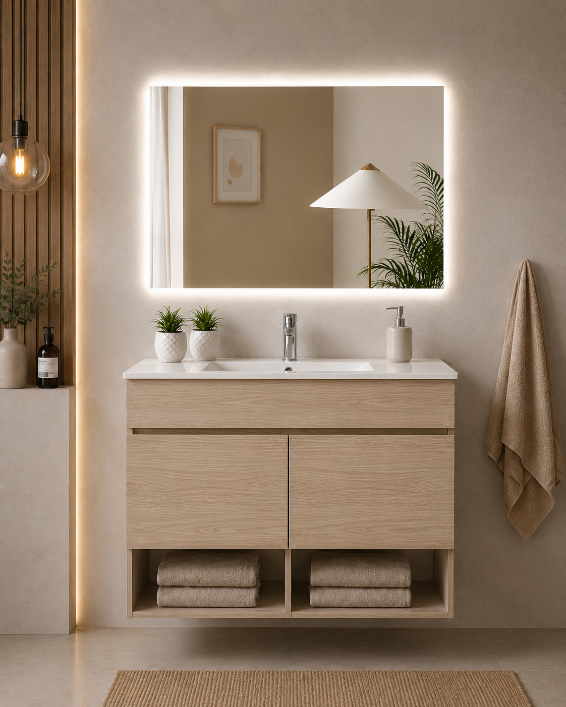 Mobilier de baie suspendat NEBARI, cu uși și lavoar subțire