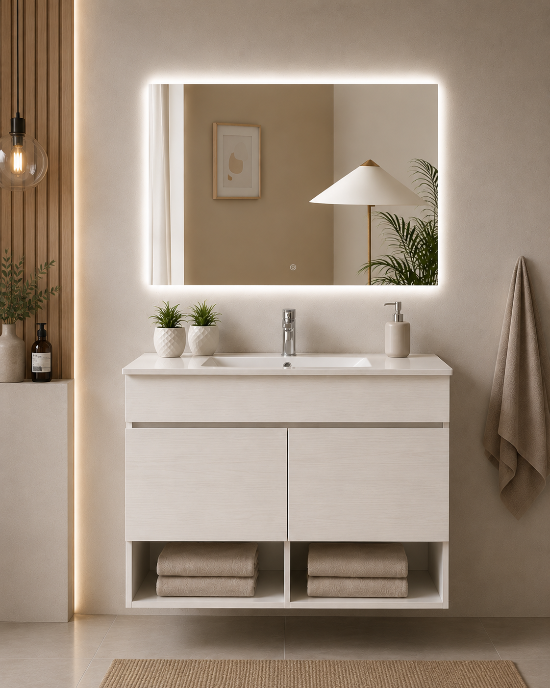 Mobilier de baie suspendat NEBARI, cu uși și lavoar subțire