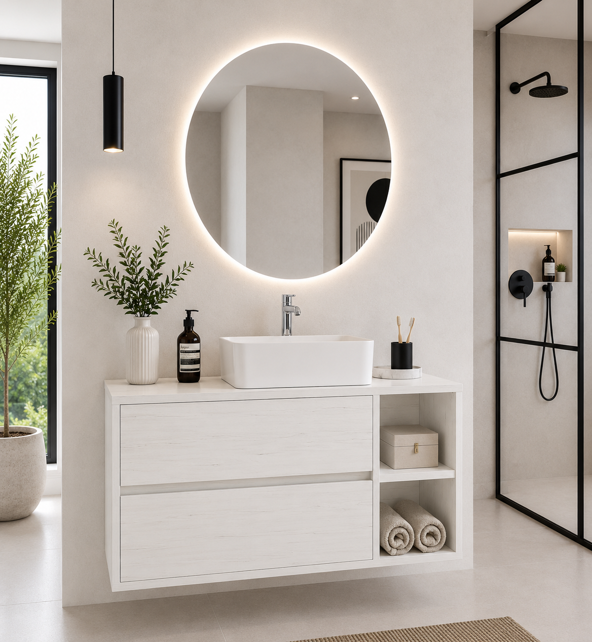 Mobilier de baie ZEUS cu blat din lemn și lavoar de blat