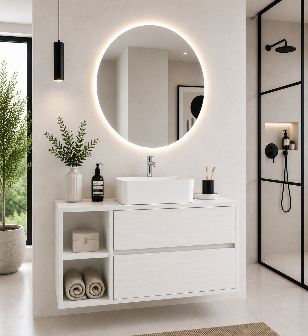 Mobilier de baie ZEUS cu blat din lemn și lavoar de blat