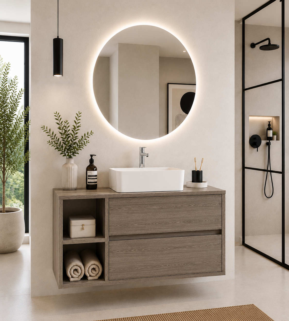 Mobilier de baie ZEUS cu blat din lemn și lavoar de blat