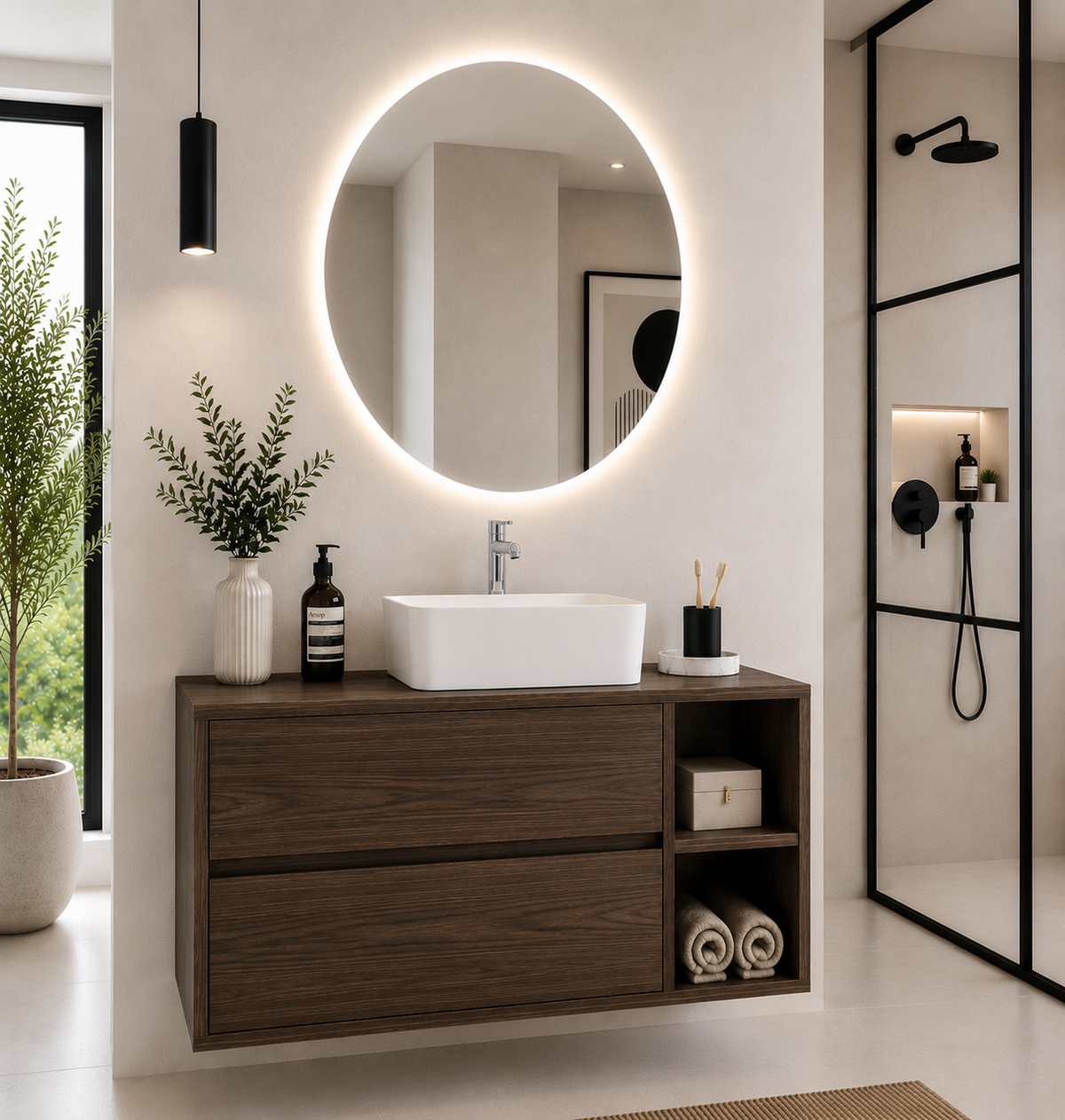 Mobilier de baie ZEUS cu blat din lemn și lavoar de blat