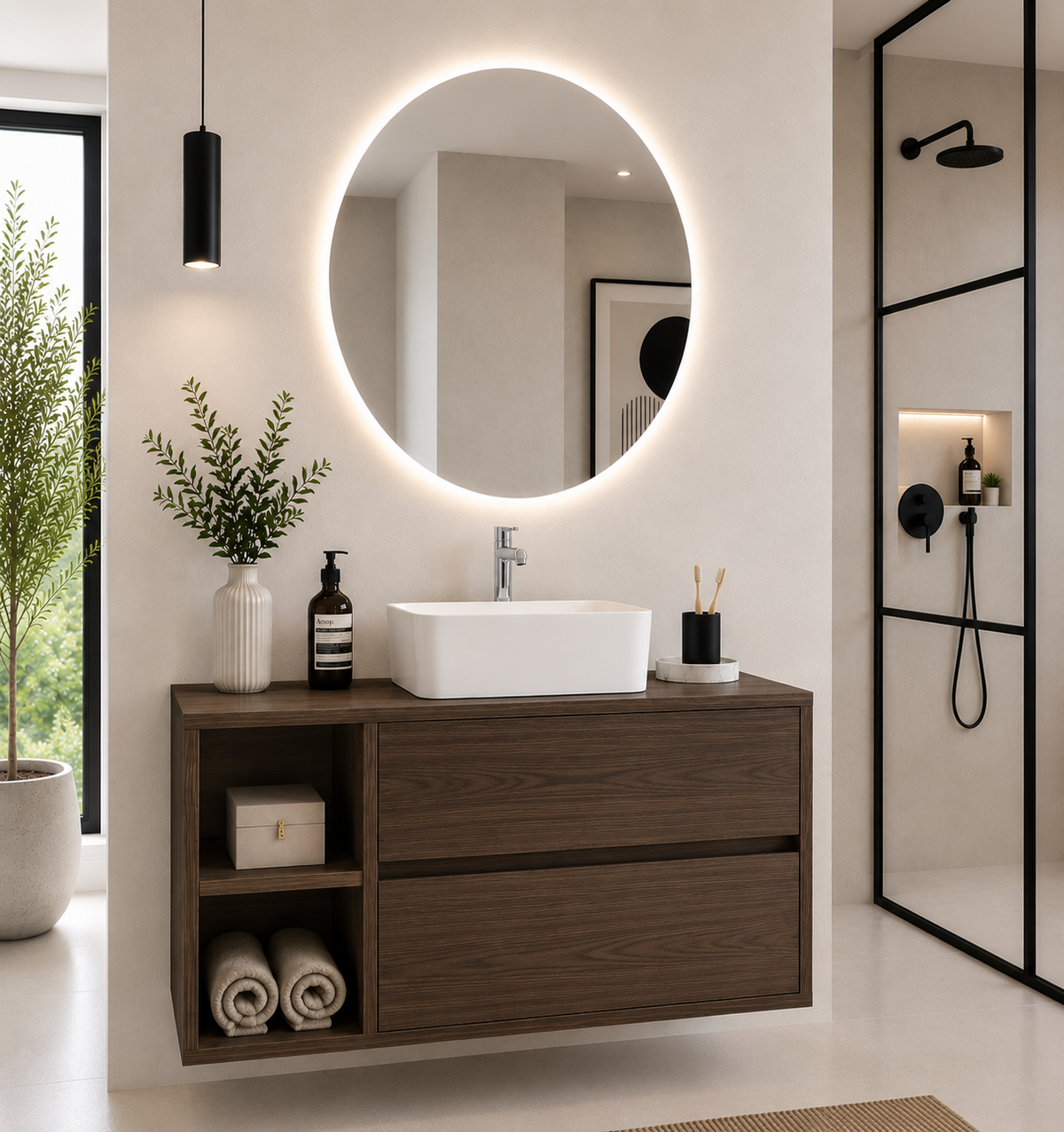 Mobilier de baie ZEUS cu blat din lemn și lavoar de blat