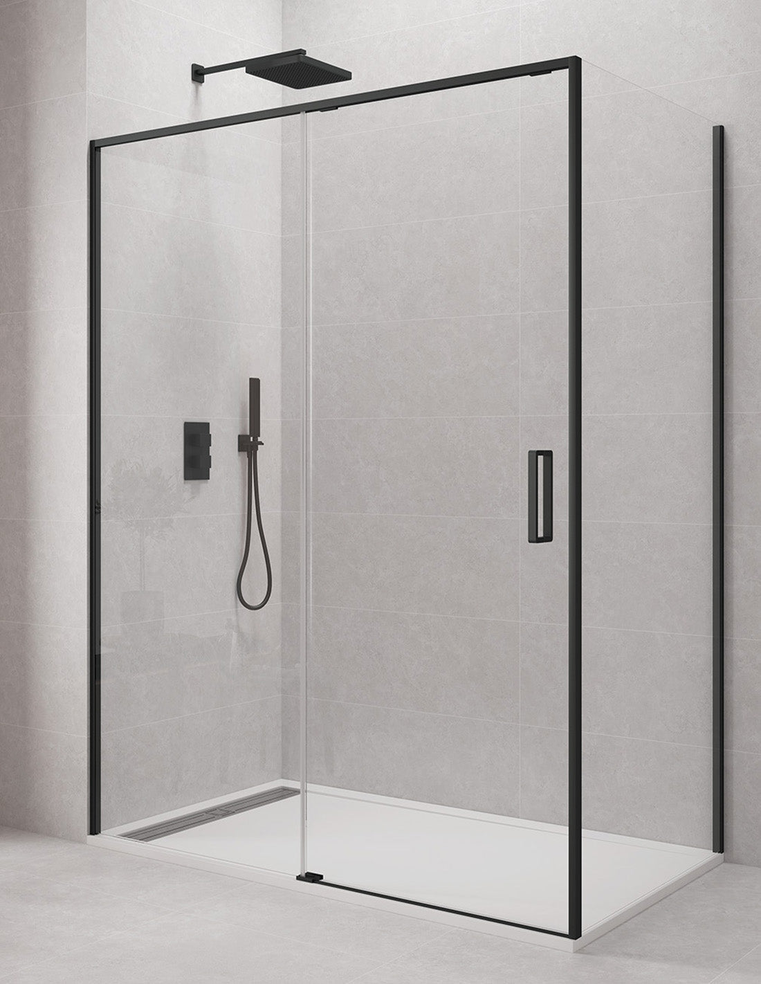 Paravan de duș unghiular 1+1 cu latură fixă CETUS, fără profile inferioare, în finisaj cromat sau negru.