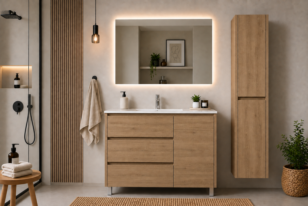 Set mobilier de baie VOLUM cu lavoar + oglindă LED + coloană de 140 cm + baterie monocomandă – Stepă – 80/100/120 cm