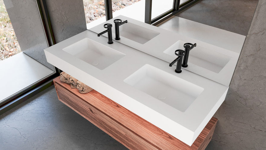LEX Solid Surface blat cu 2 lavoare sub blat, mască frontală de până la 12 cm